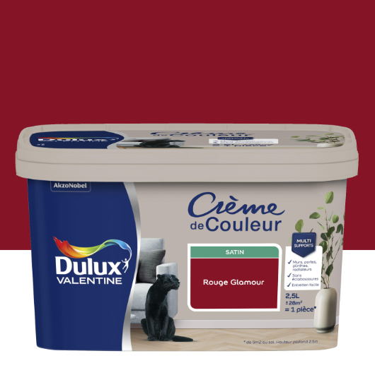 Peinture mur, boiserie rouge glamour satin DULUX VALENTINE Crème de couleur 2.5L