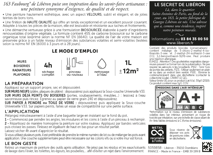 Testeur peinture mur, bois vert des halles velours LIBÉRON 163 faubourg 0.125l