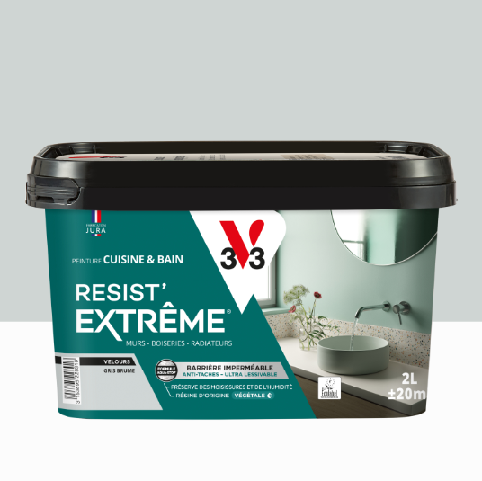 Peinture mur gris brume velours V33 Resist extrême cuisine et bain 2L