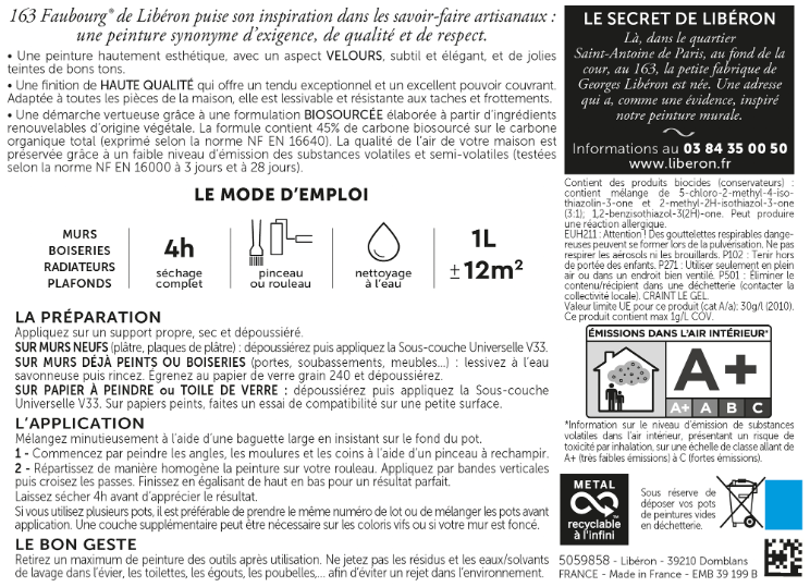Testeur peinture mur, bois gris fer blanc velours LIBÉRON 163 faubourg 0.125l