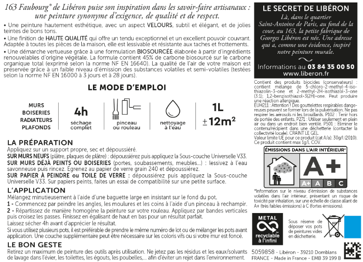 Testeur peinture mur, bois vert botanique velours LIBÉRON 163 faubourg 0.125l