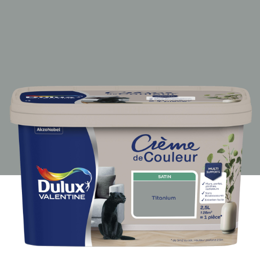 Peinture mur, boiserie titanium satin DULUX VALENTINE Crème de couleur 2.5L