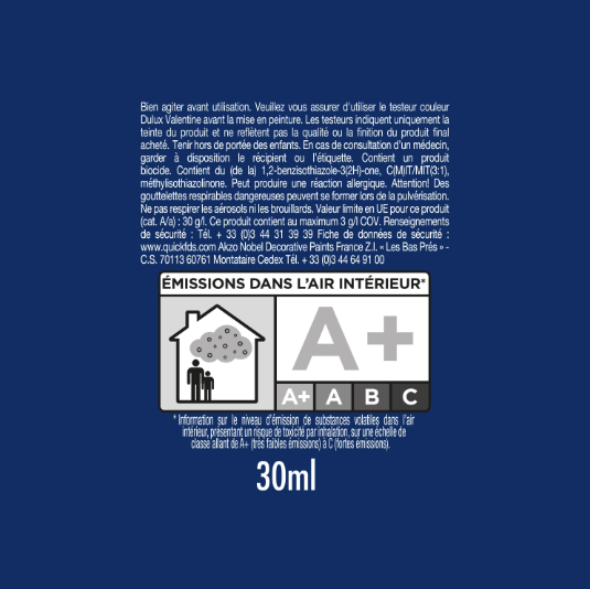 Peinture mur, boiserie bleu horizon satin DULUX VALENTINE Crème de couleur 0.03L