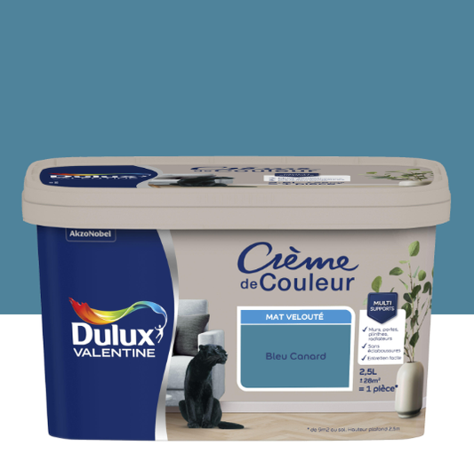 Peinture mur, boiserie bleu canard mat DULUX VALENTINE Crème de couleur 2.5L