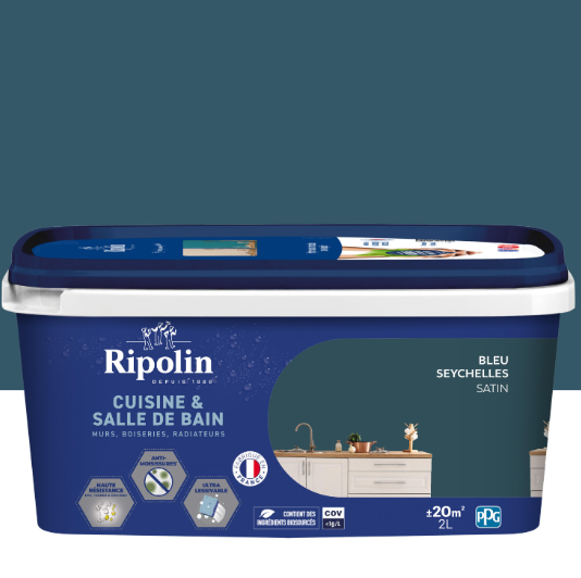 Peinture mur bleu seychelles satin RIPOLIN Cuisine et bain 2L
