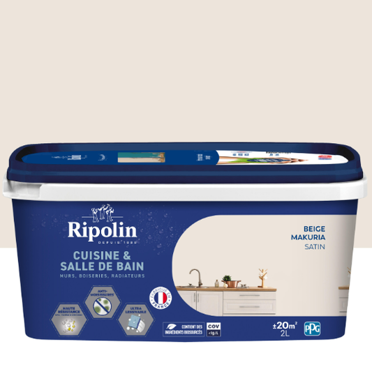Peinture mur beige makuria satin RIPOLIN Cuisine et bain 2L