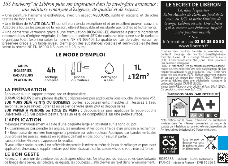 Peinture mur, boiserie noir garçonne velours LIBÉRON 163 faubourg 0.5L