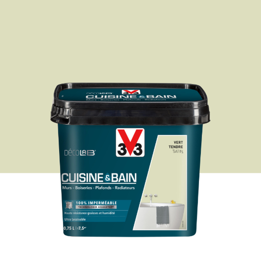 Peinture mur, boiserie, radiateur vert tendre satiné V33 Cuisine&bain décolab® 0,75L