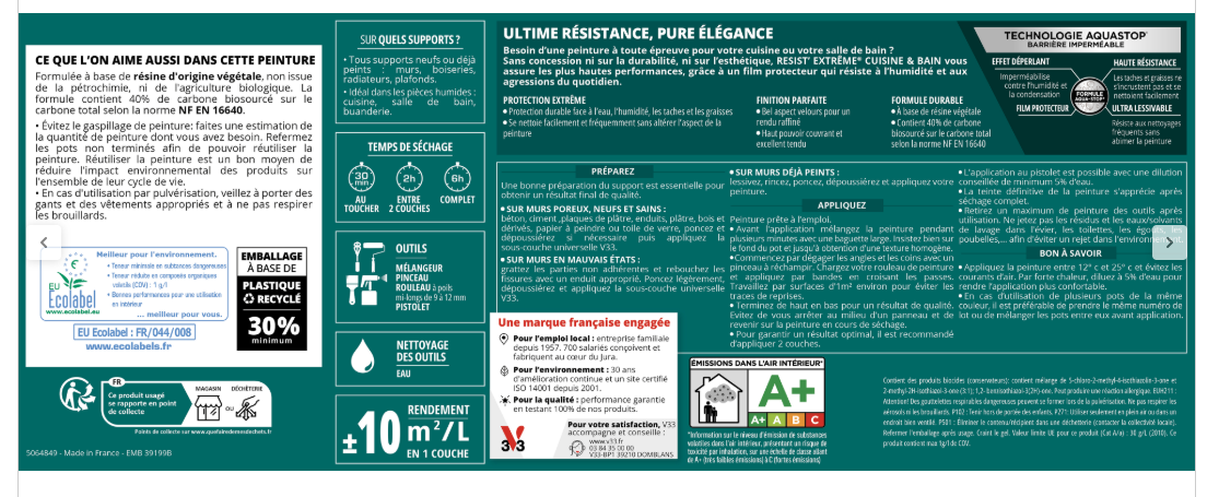 Peinture mur sable velours V33 Resist extrême cuisine et bain 0.75L