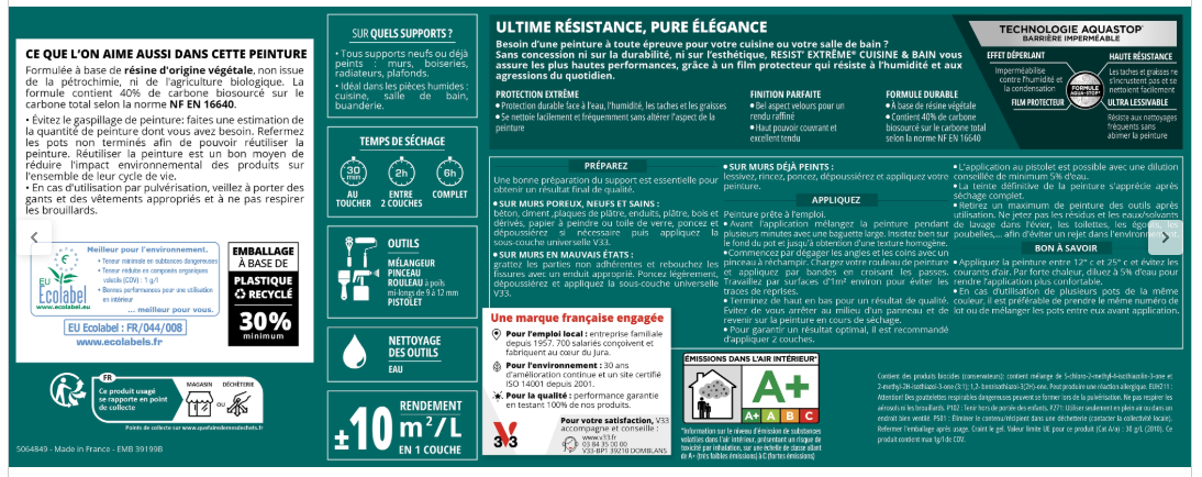 Peinture mur souffle gris velours V33 Resist extrême cuisine et bain 0.75L