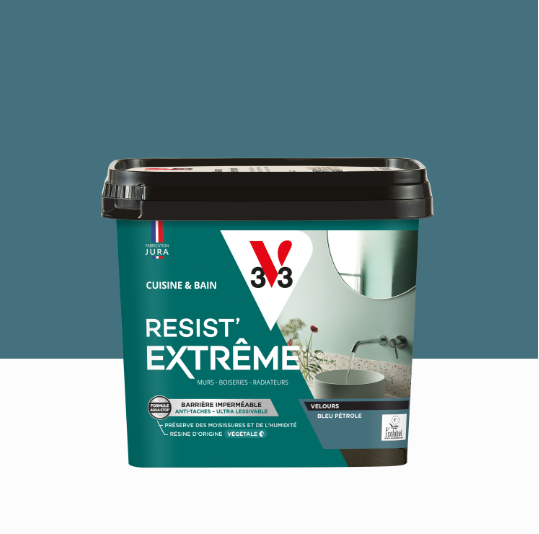 Peinture mur bleu pétrole velours V33 Resist extrême cuisine et bain 0.75L