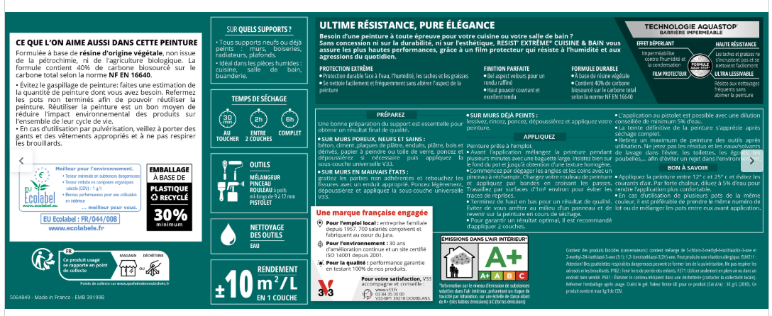Peinture mur sable velours V33 Resist extrême cuisine et bain 2L