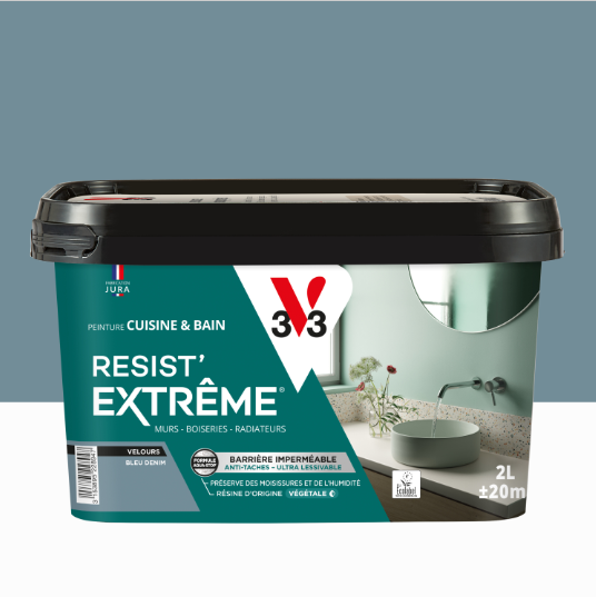 Peinture mur bleu denim velours V33 Resist extrême cuisine et bain 2L