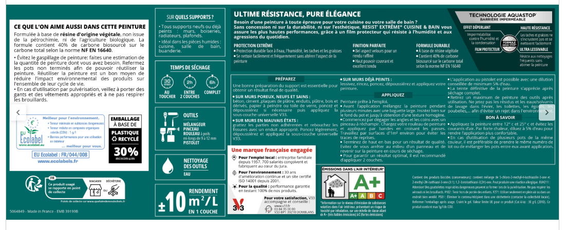 Peinture mur souffle gris velours V33 Resist extrême cuisine et bain 2L