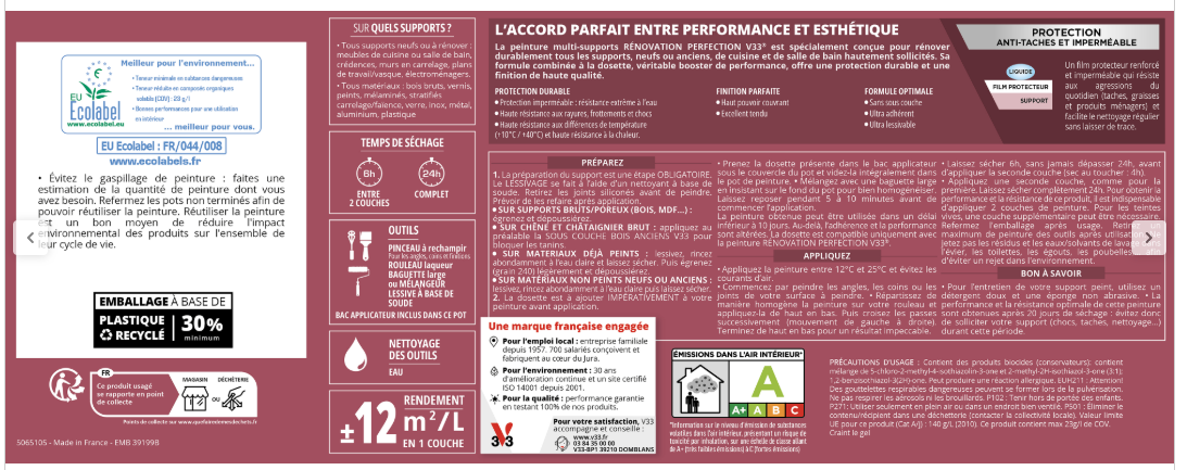 Peinture meuble vert sauge satin V33 Rénovation cuisine et bain 0.75l