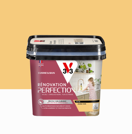 Peinture meuble jaune maïs satin V33 Rénovation cuisine et bain 0.75l