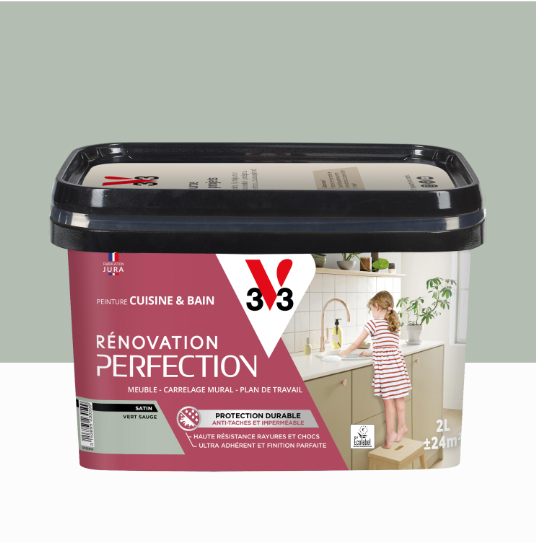 Peinture meuble vert sauge satin V33 Rénovation cuisine et bain 2L