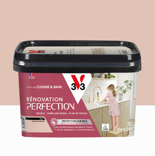 Peinture meuble rose macaron mat V33 Rénovation cuisine et bain 2L