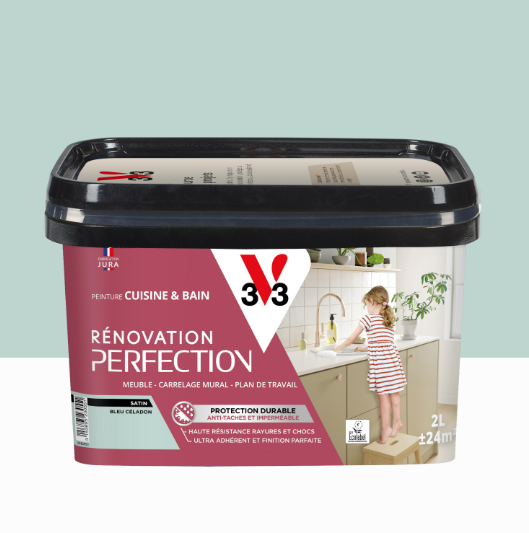 Peinture meuble bleu céladon satin V33 Rénovation cuisine et bain 2L