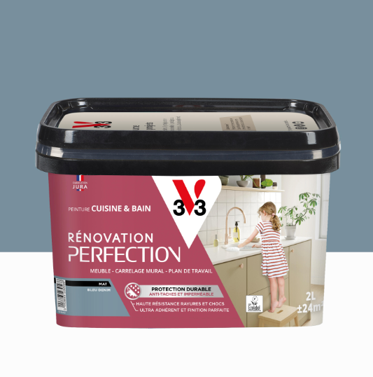 Peinture meuble bleu denim mat V33 Rénovation cuisine et bain 2L