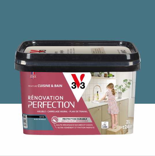 Peinture meuble bleu pétrole satin V33 Rénovation cuisine et bain 2L