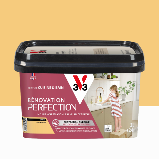 Peinture meuble jaune maïs satin V33 Rénovation cuisine et bain 2L