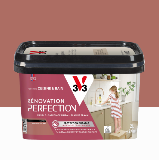 Peinture meuble rouge cayenne satin V33 Rénovation cuisine et bain 2L