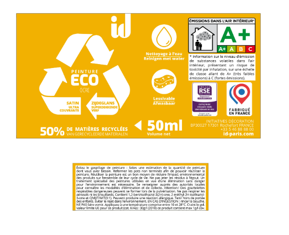 Peinture mur, plafond ocre satin ID Eco 0.05L