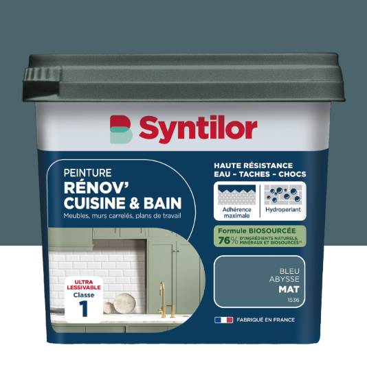 Peinture meuble bleu abysse mat SYNTILOR Rénov' cuisine et bain 0.75L