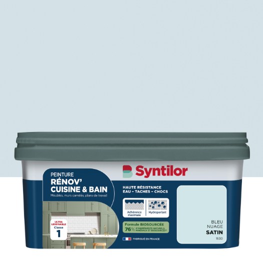Peinture meuble bleu nuage satin SYNTILOR Rénov' cuisine et bain 2L