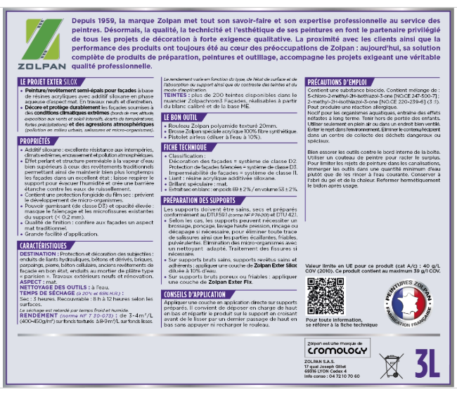 Peinture extérieure façade Siloxane ZOLPAN blanc mat 3L