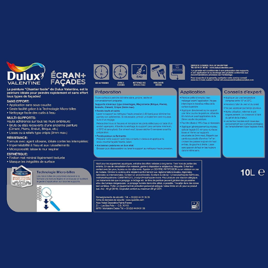 Peinture extérieure façade Ecran+ cf DULUX VALENTINE blanc mat 10l