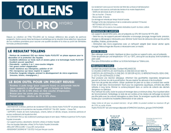 Peinture extérieure façade Tolpro hydropliolite® TOLLENS PRO ton pierre mat 5l