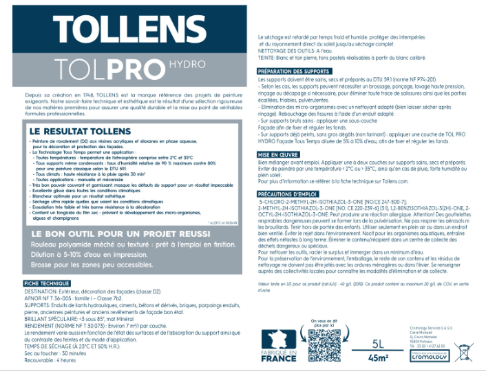 Peinture extérieure façade Tolpro tous temps TOLLENS PRO blanc mat 5l
