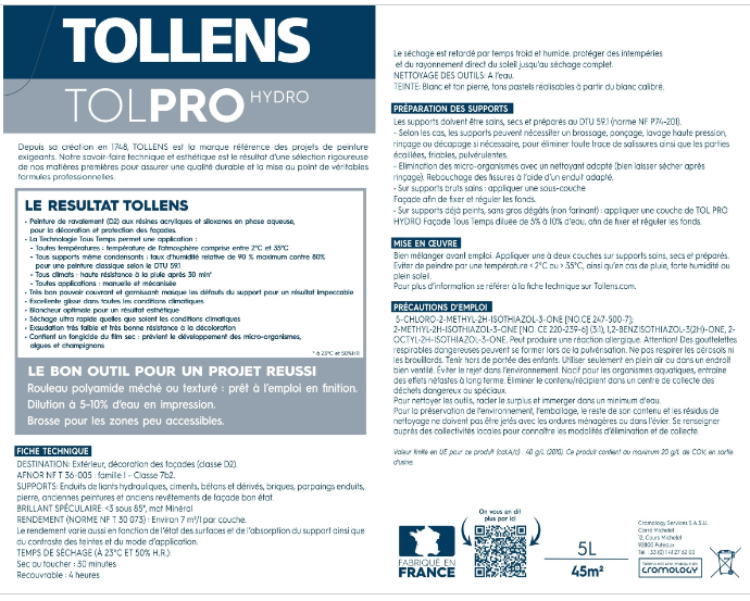 Peinture extérieure façade Tolpro tous temps TOLLENS PRO ton pierre mat 5l