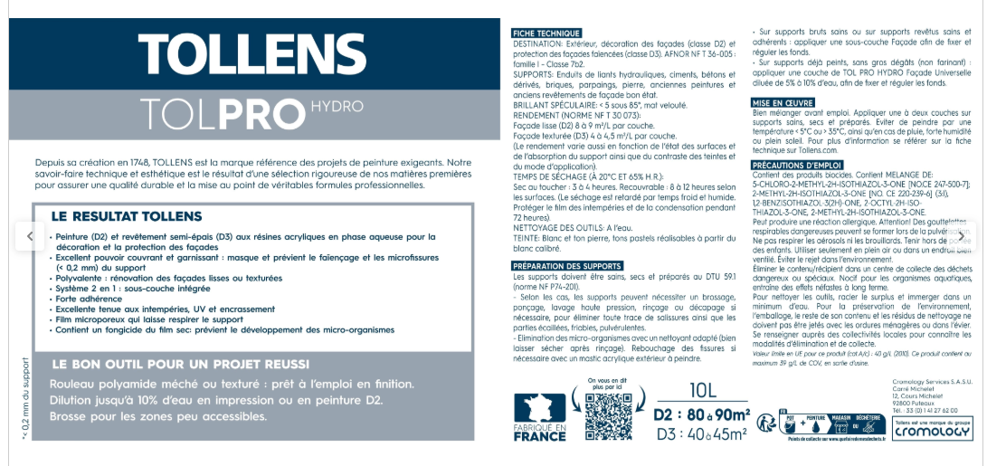 Peinture extérieure façade Universelle TOLLENS PRO blanc mat 10l