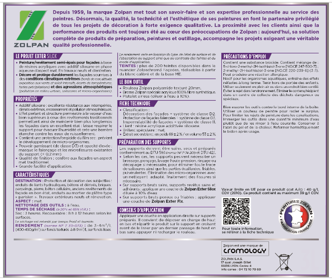 Peinture extérieure façade Siloxane ZOLPAN blanc mat 15l