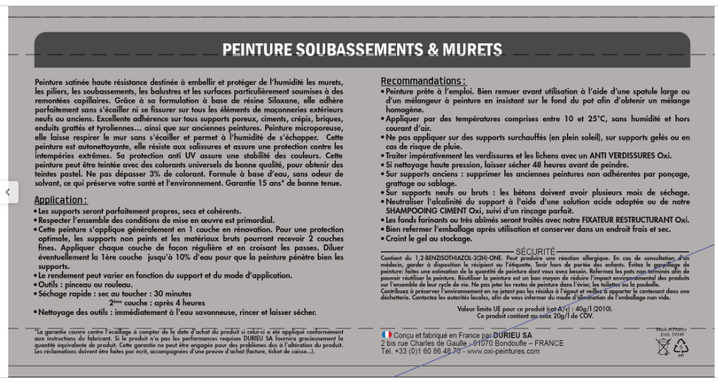 Peinture extérieure façade , OXI gris clair satiné 2.5l