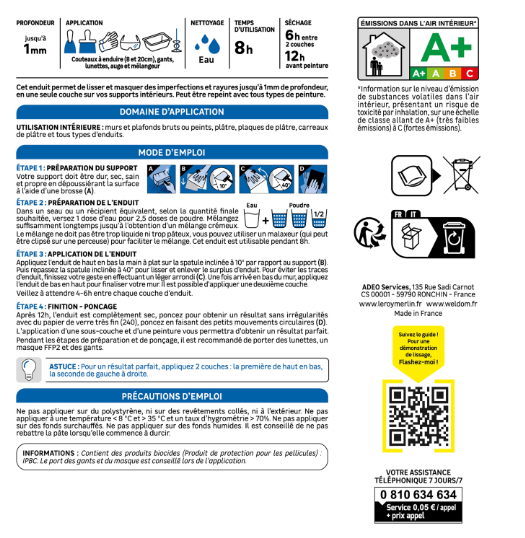 Enduit de lissage en poudre , AXTON blanc 1 kg