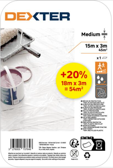 Rouleau de bâche de protection DEXTER, 40 microns L.18 x l.3 m