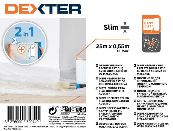 Bâche de protection avec ruban de masquage + recharge DEXTER, L.25 x l.0.55 m
