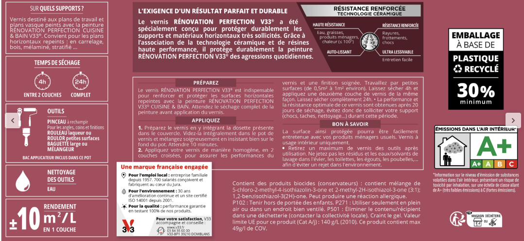 Vernis Rénovation cuisine et bain, V33, incolore mat, 0.75L