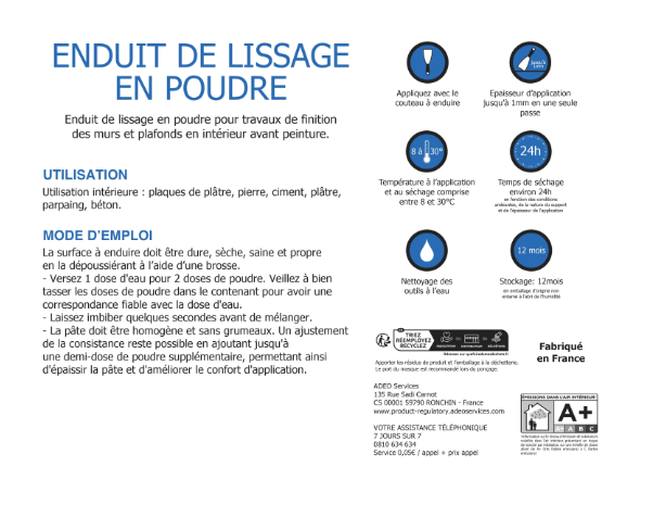 Enduit de lissage en poudre blanc 5 kg