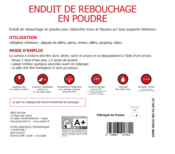 Enduit de rebouchage en poudre blanc 5 kg