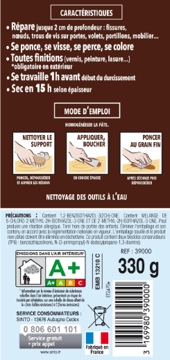 Enduit en pâte Gros trous SINTO bois clair 330 g