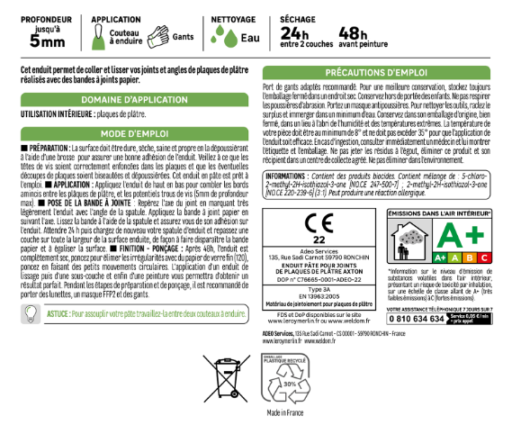 Enduit pour bande à joint en pâte Prêt à l'emploi AXTON blanc 1.5 kg