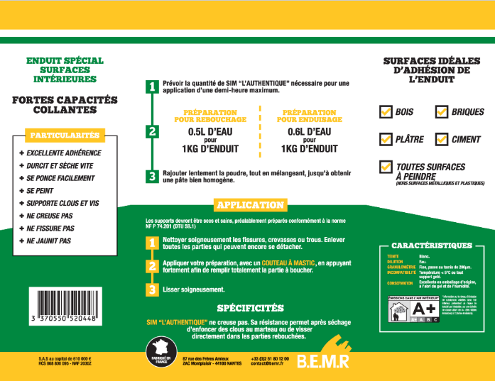 Enduit de rebouchage en poudre L'authentique SIM blanc cassé 1 kg