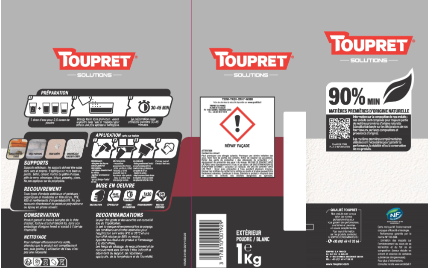 Enduit de rebouchage en poudre Repar'façade TOUPRET blanc 1 kg