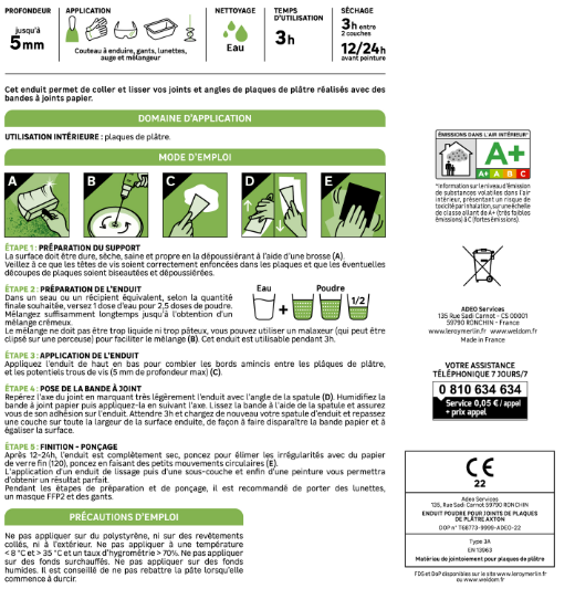 Enduit pour bande à joint en poudre , AXTON blanc 5 kg