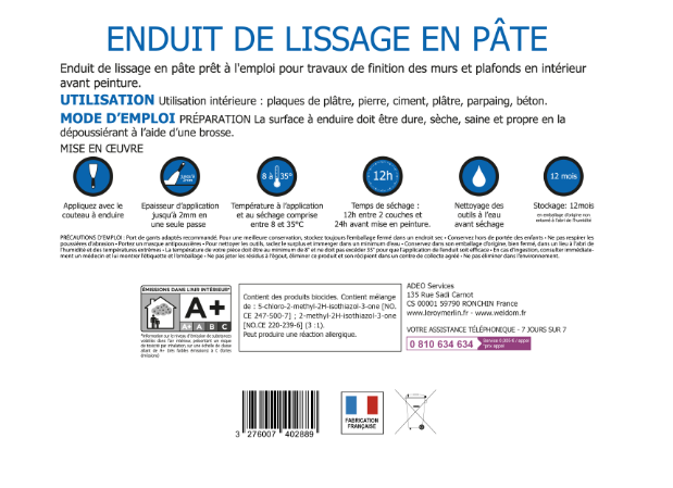 Enduit de lissage en pâte Prêt à l'emploi blanc 7 kg